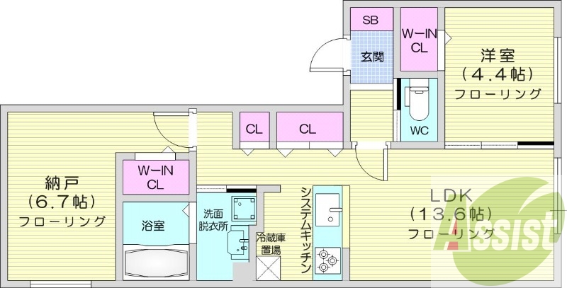 2LDK、都市ガス、エアコン、システムキッチン
