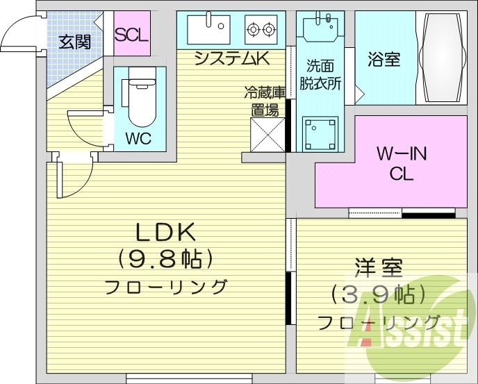 1LDK、都市ガス、エアコン、システムキッチン、灯油暖房