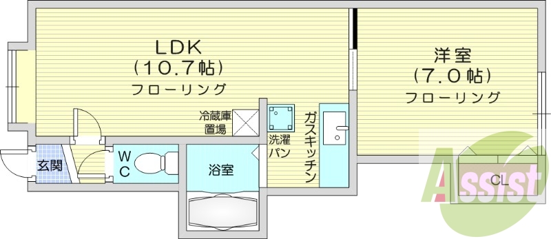 1LDK、バストイレ別、灯油暖房、無料駐車場