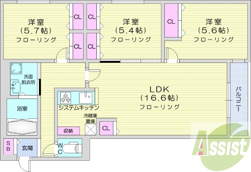 3LDK、都市ガス、エアコン、追い焚き、浴室乾燥機、1坪バス