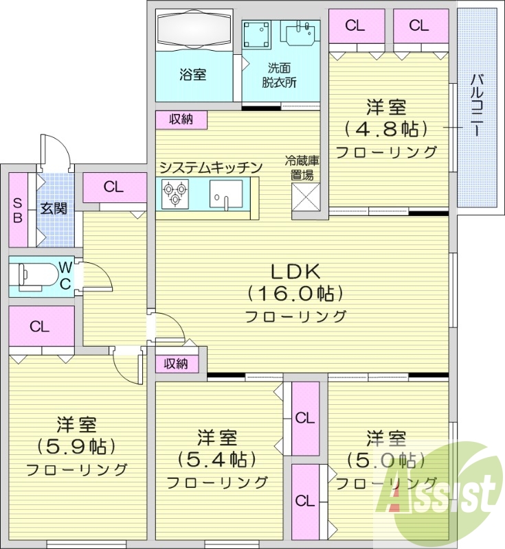 4LDK、都市ガス、エアコン、追い焚き、浴室乾燥機、1坪バス