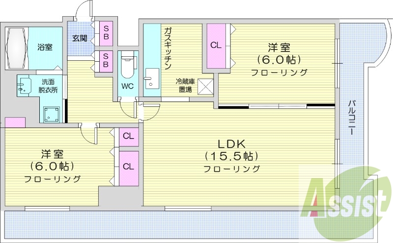 2LDK、バストイレ別、オートロック、ペット可