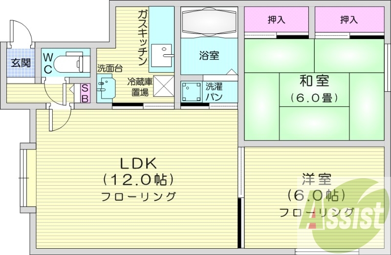 2LDK、独立洗面台、灯油暖房、トランクルーム