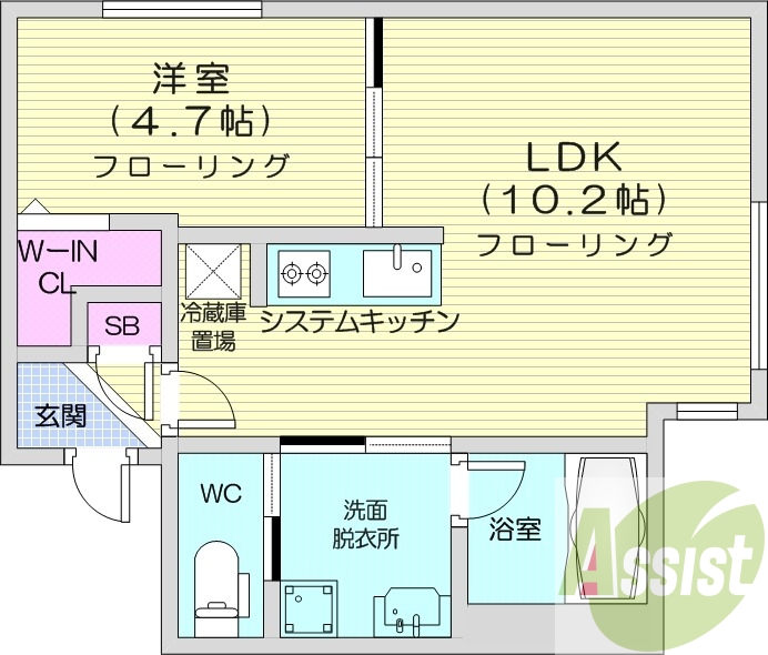 1LDK、エアコン、浴室乾燥機、システムキッチン