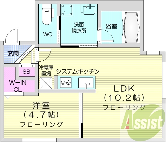 1LDK、エアコン、浴室乾燥機、システムキッチン