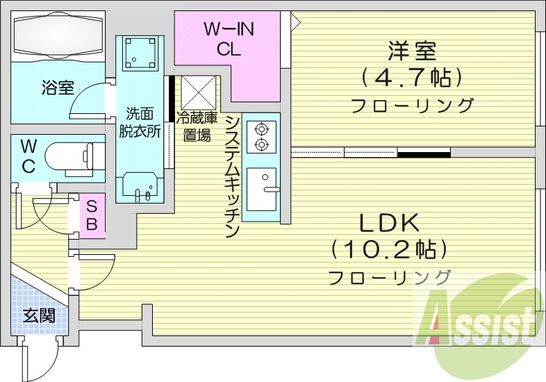 1LDK、エアコン、浴室乾燥機、システムキッチン