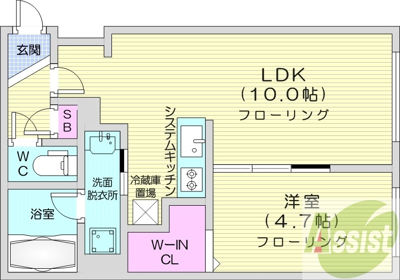 1LDK、エアコン、浴室乾燥機、システムキッチン