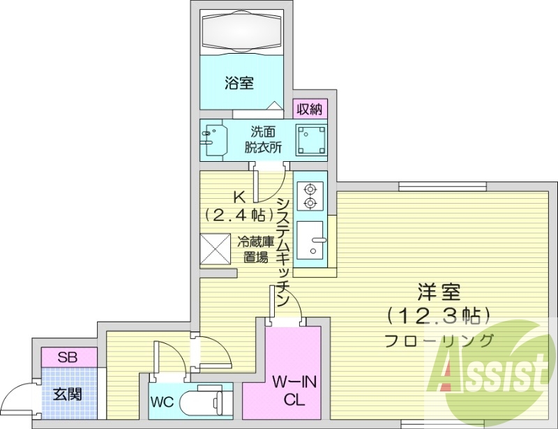 1K、エアコン、システムキッチン、角部屋