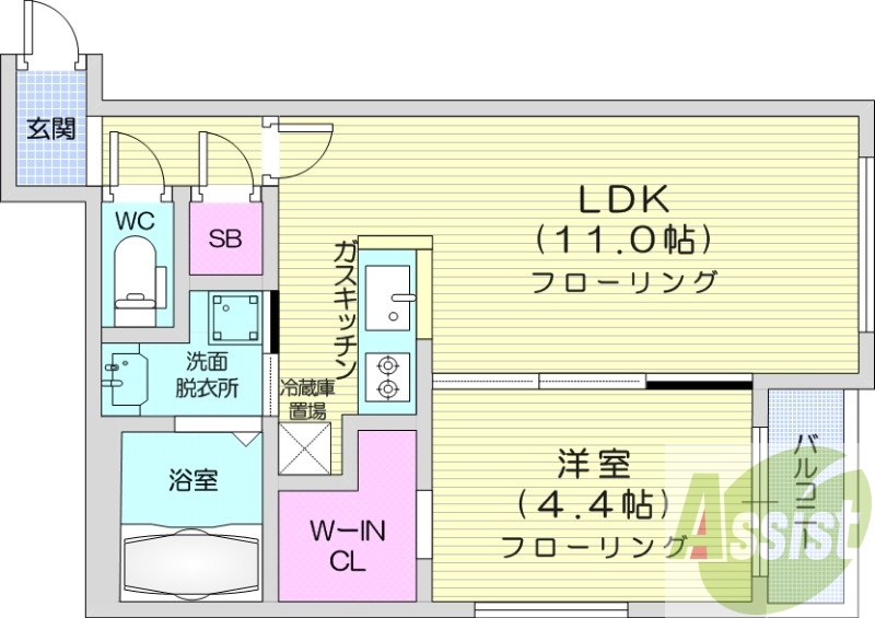 1LDK、エアコン、浴室乾燥機、システムキッチン