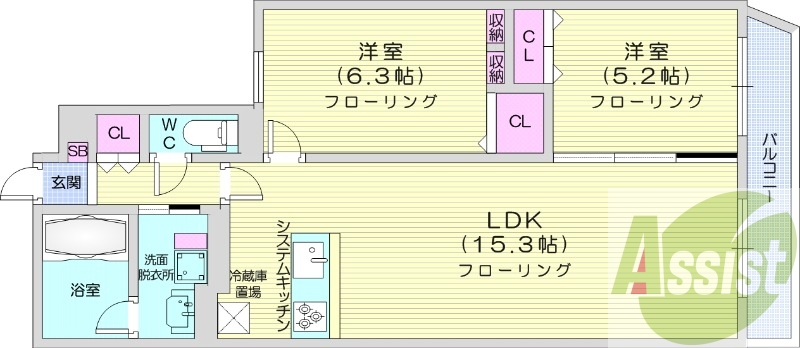 2LDK、都市ガス、エアコン、システムキッチン、浴室乾燥機