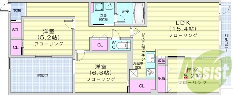 3LDK、都市ガス、エアコン、システムキッチン、浴室乾燥機