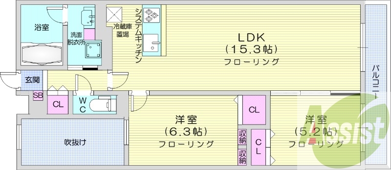 2LDK、都市ガス、エアコン、システムキッチン、浴室乾燥機
