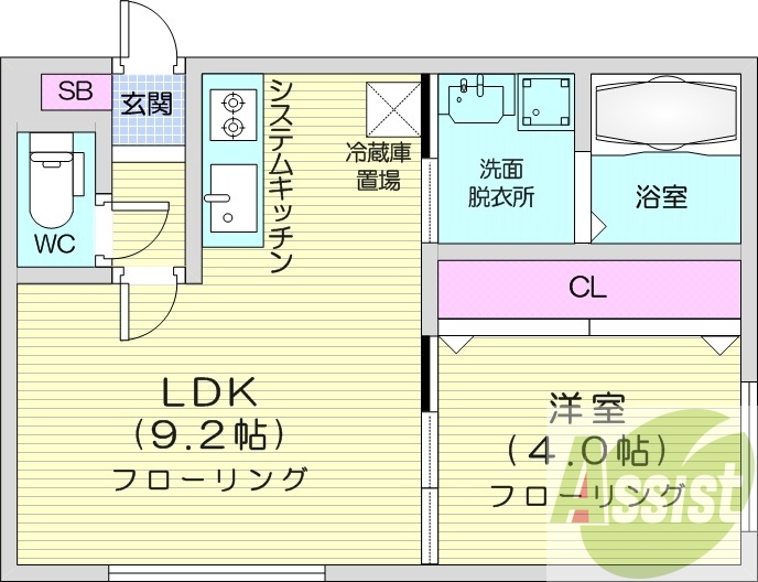 1LDK、都市ガス、エアコン、システムキッチン、