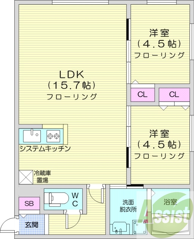 2LDK、エアコン、システムキッチン、浴室乾燥機