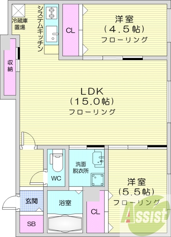 2LDK、エアコン、システムキッチン、浴室乾燥機