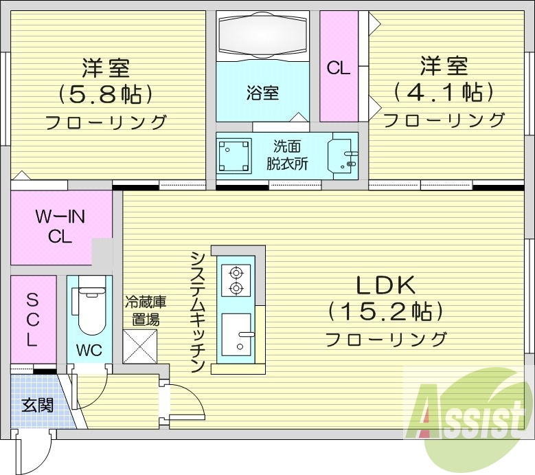 2LDK、エアコン、システムキッチン、浴室乾燥機