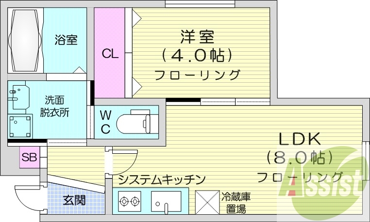 1LDK、エアコン、システムキッチン、浴室乾燥機