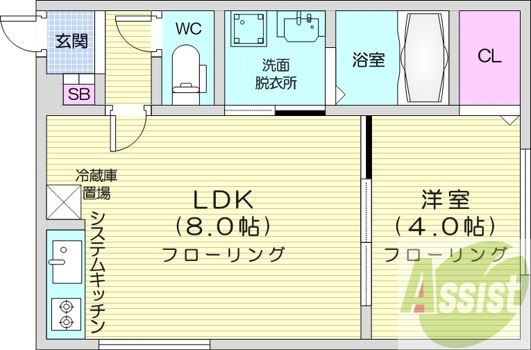 1LDK、エアコン、システムキッチン、浴室乾燥機