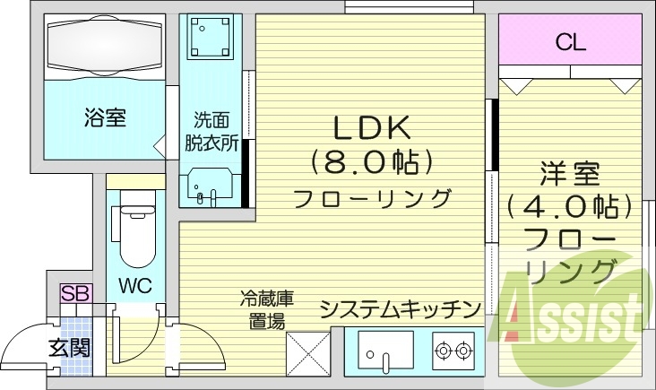 1LDK、エアコン、システムキッチン、浴室乾燥機