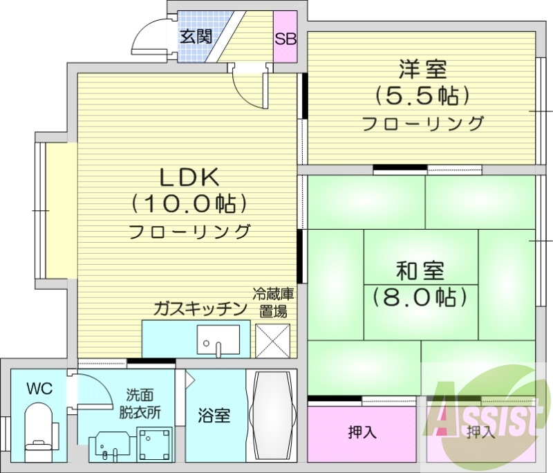 2LDK、灯油暖房、トランクルーム、バストイレ別