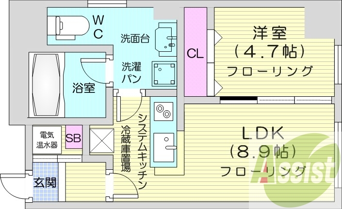 1LDK、IHクッキングヒーター、モニタ付インターホン