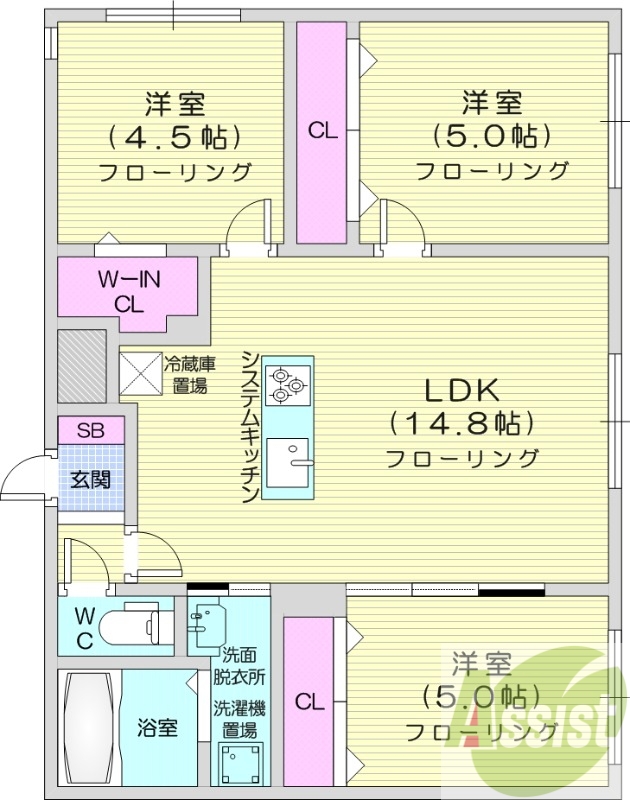 3LDK、都市ガス、追炊き、システムキッチン