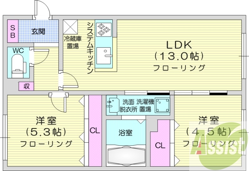2LDK、都市ガス、追炊き、システムキッチン