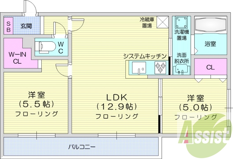 2LDK、都市ガス、追炊き、システムキッチン