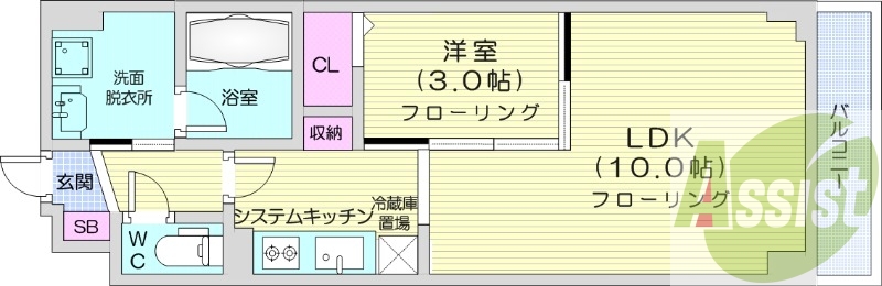 1LDK、オートロック、都市ガス、システムキッチン