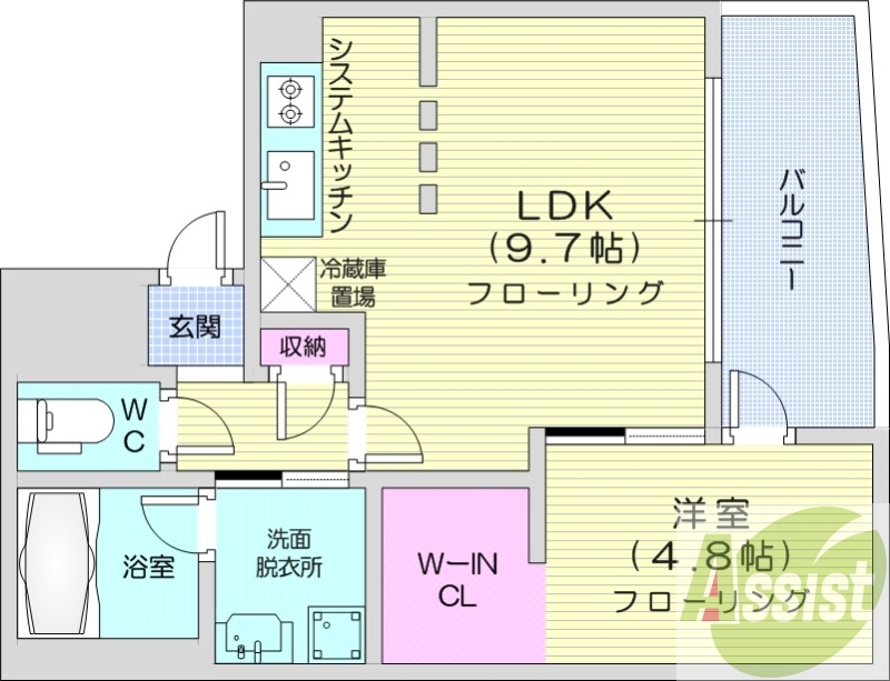 1LDK、エアコン、浴室乾燥機、システムキッチン
