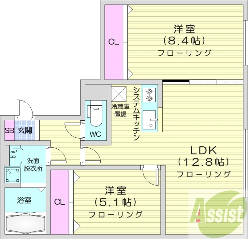 2LDK、都市ガス、エアコン、システムキッチン、浴室乾燥機