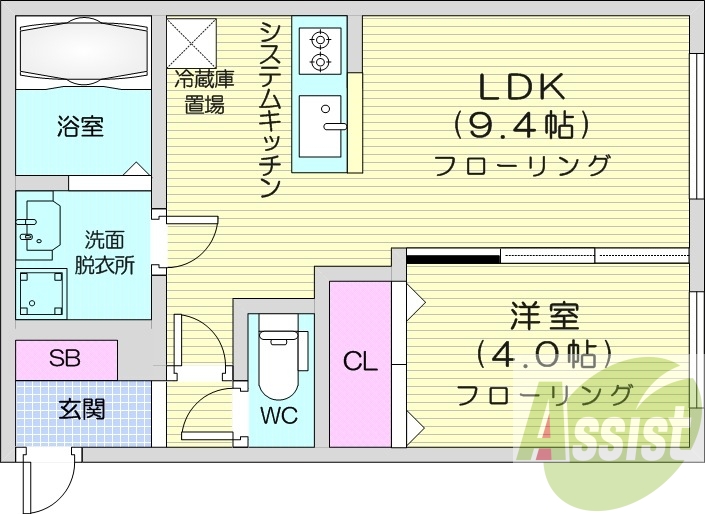 1LDK、都市ガス、エアコン、システムキッチン、浴室乾燥機
