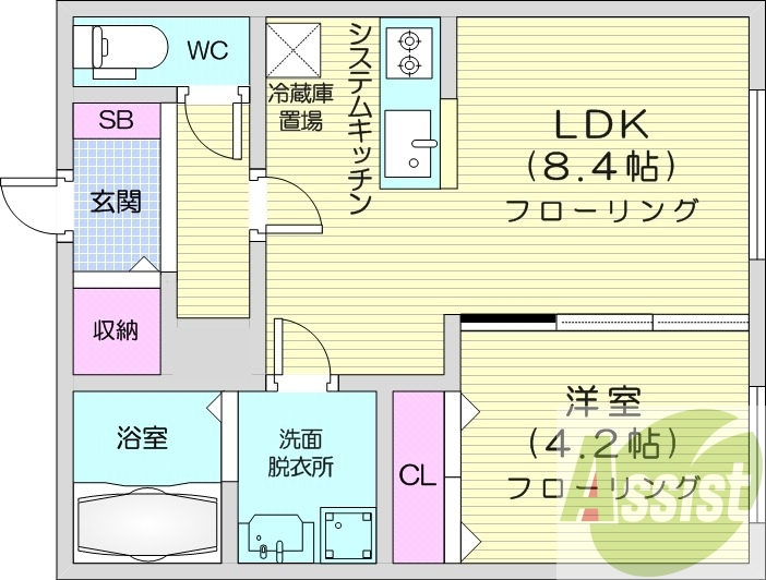 1LDK、都市ガス、エアコン、システムキッチン、浴室乾燥機