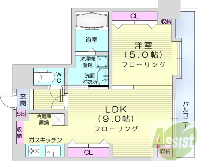 1LDK、都市ガス、追い焚き、エアコン、システムキッチン