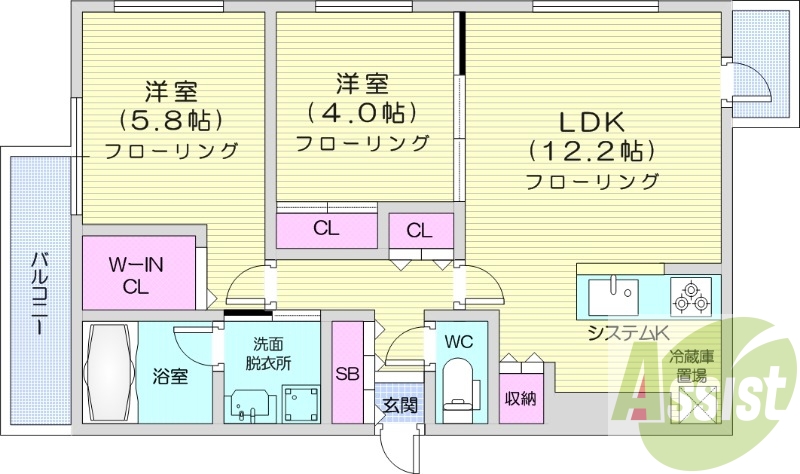 2LDK、都市ガス、エアコン、追い焚き、浴室乾燥機