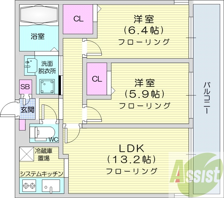 2LDK、エアコン、浴室乾燥機、システムキッチン、追い焚き