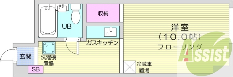１K、都市ガス、ガス暖房、シューズボックス、家具家電付き