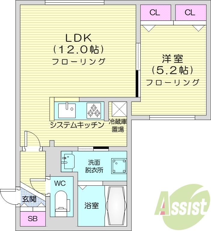 1LDK、都市ガス、エアコン、システムキッチン