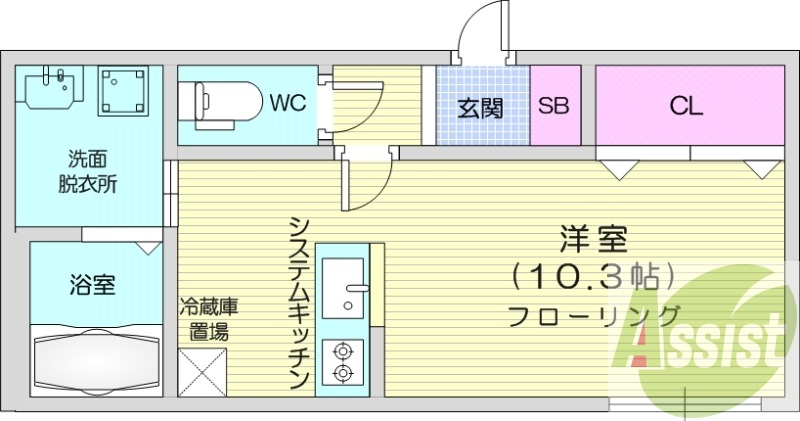 1K、エアコン、独立洗面台、灯油暖房、システムキッチン、
