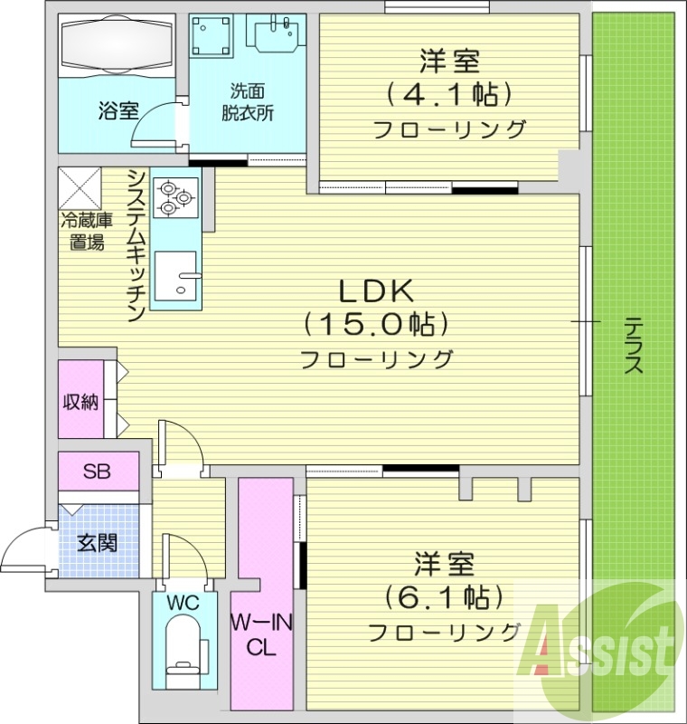2LDK、都市ガス、エアコン、システムキッチン