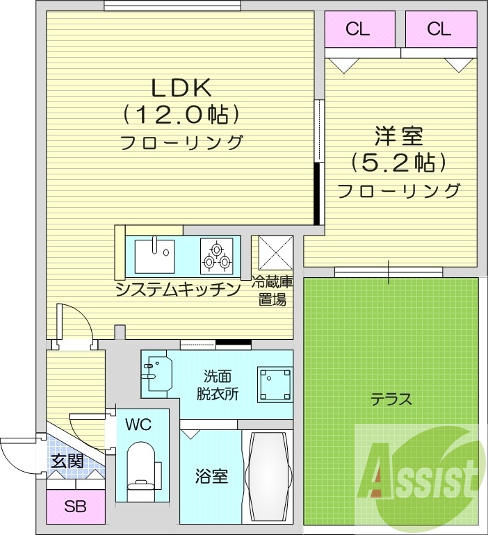 1LDK、都市ガス、エアコン、システムキッチン