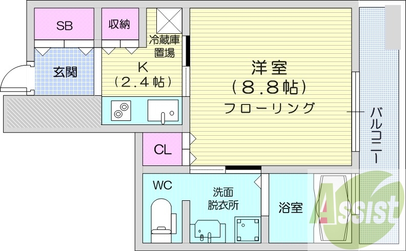1K、オートロック、浴室乾燥機、追い炊き、独立洗面台