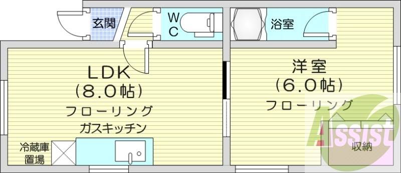 1LDK、バス・トイレ別、室内洗濯機置場