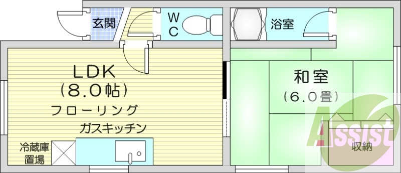 1LDK、バス・トイレ別、室内洗濯機置場