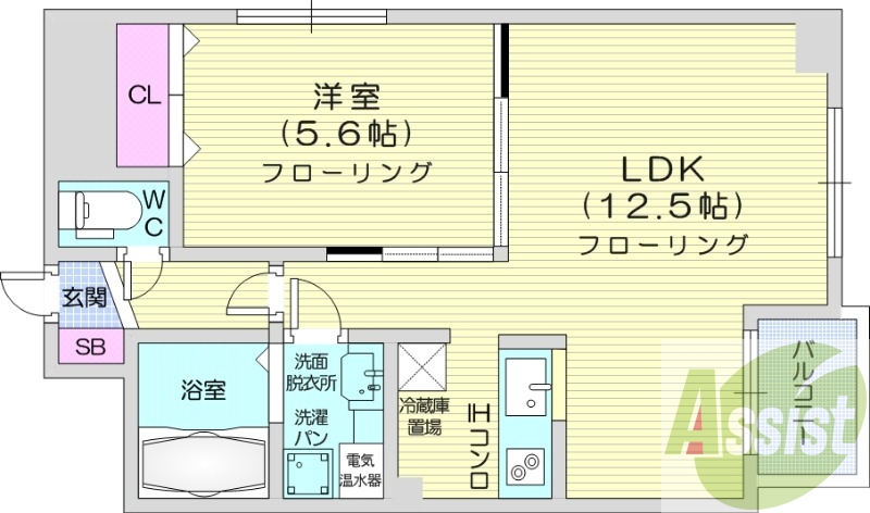 1LDK、角部屋、システムキッチン、バストイレ別