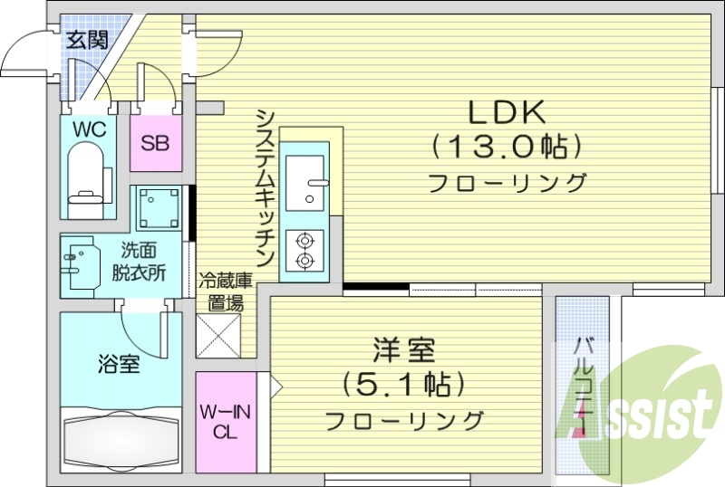 1LDK、エアコン、バルコニー、対面キッチン、独立洗面台