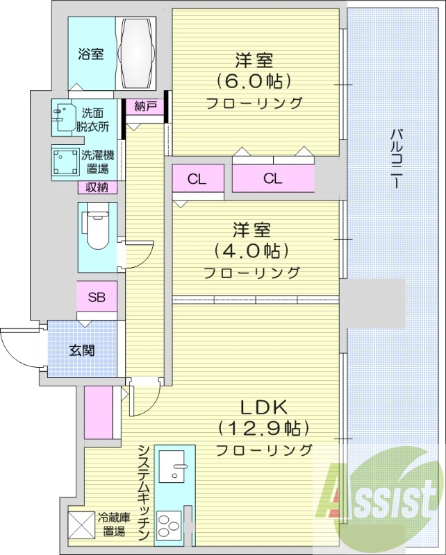 2LDK、分譲、都市ガス、追い焚き、床暖房、エアコン