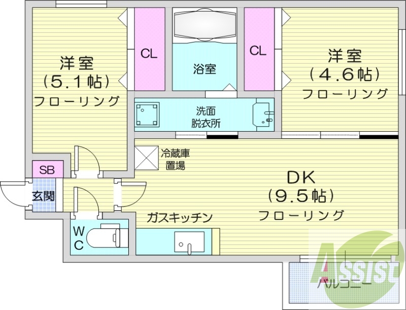 2DK、ネット無料、エアコン、浴室乾燥、オートロック