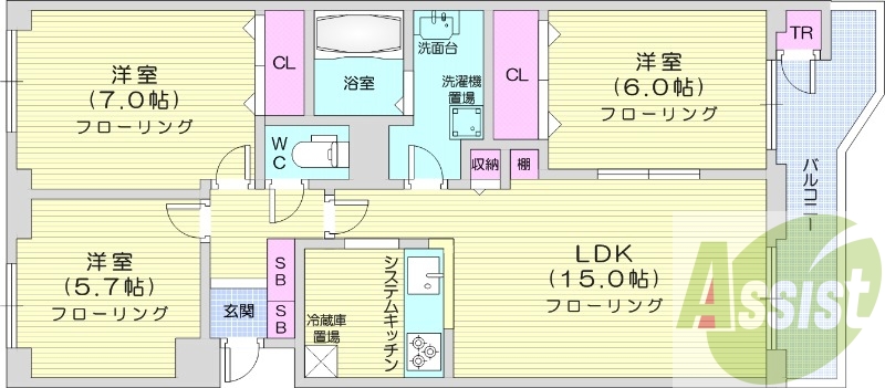 3LDK、エアコン、トランクルーム、都市ガス