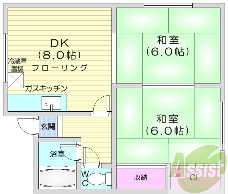 2DK、灯油暖房、トランクルーム、バストイレ別